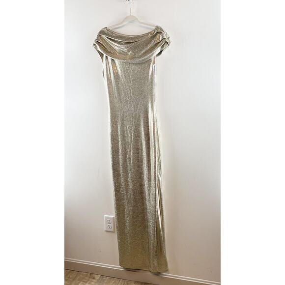 Rachel Roy Asymmetrical Off Shoulder Maxi Slit Gown Dress Gold Metallic 6 - Picture 9 of 13